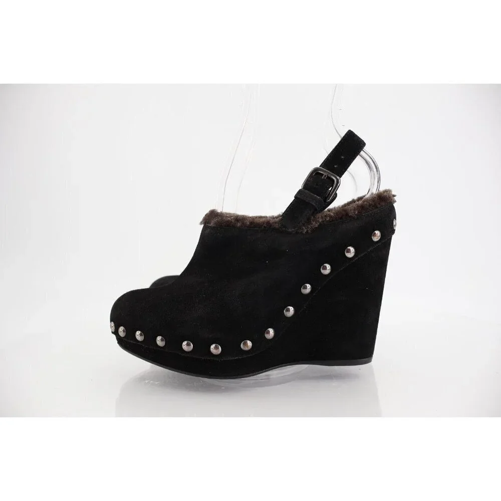 Stuart Weitzman Clogger Mules Women's Size 5.5 Black Wedge Platform Suede Fur